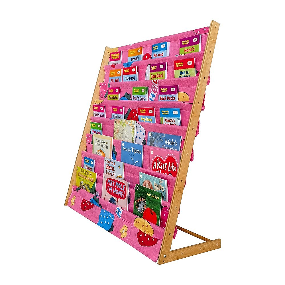 Pink fabric children's book display rack with bamboo frame, 8 tiered pockets filled with picture books, ladybug print fabric