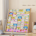 Kids pink fabric book display rack filled with children's books in playroom, dimensions: 103cm wide, 33cm deep, 98cm tall