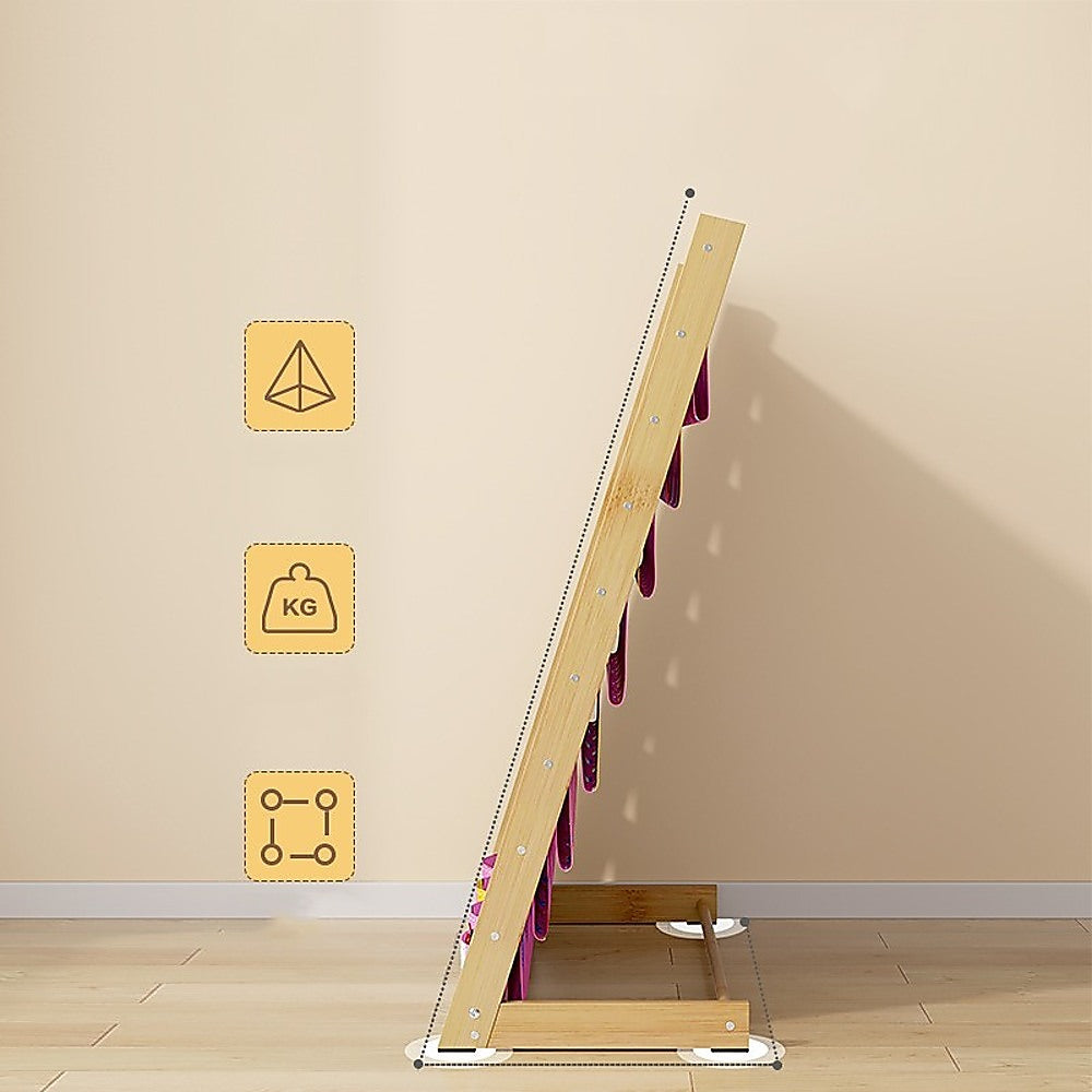 Pink fabric children's book display rack side view in room, feature icons showing material, weight capacity, and dimensions