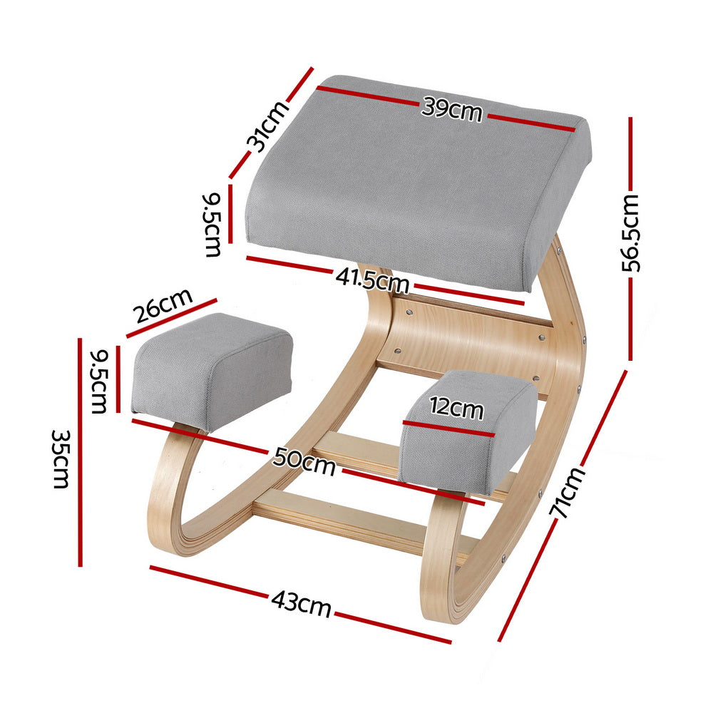 Grey fabric kneeling rocker chair dimensions 39cm seat 41.5cm depth 56.5cm height knee pad 26x12cm measurements