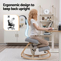 Woman kneeling on grey rocker kneeling chair at desk with back upright spine overlay and comparison to regular chair