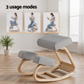 Grey kneeling rocker chair 3 usage modes infographic with three photos showing different sitting positions in room