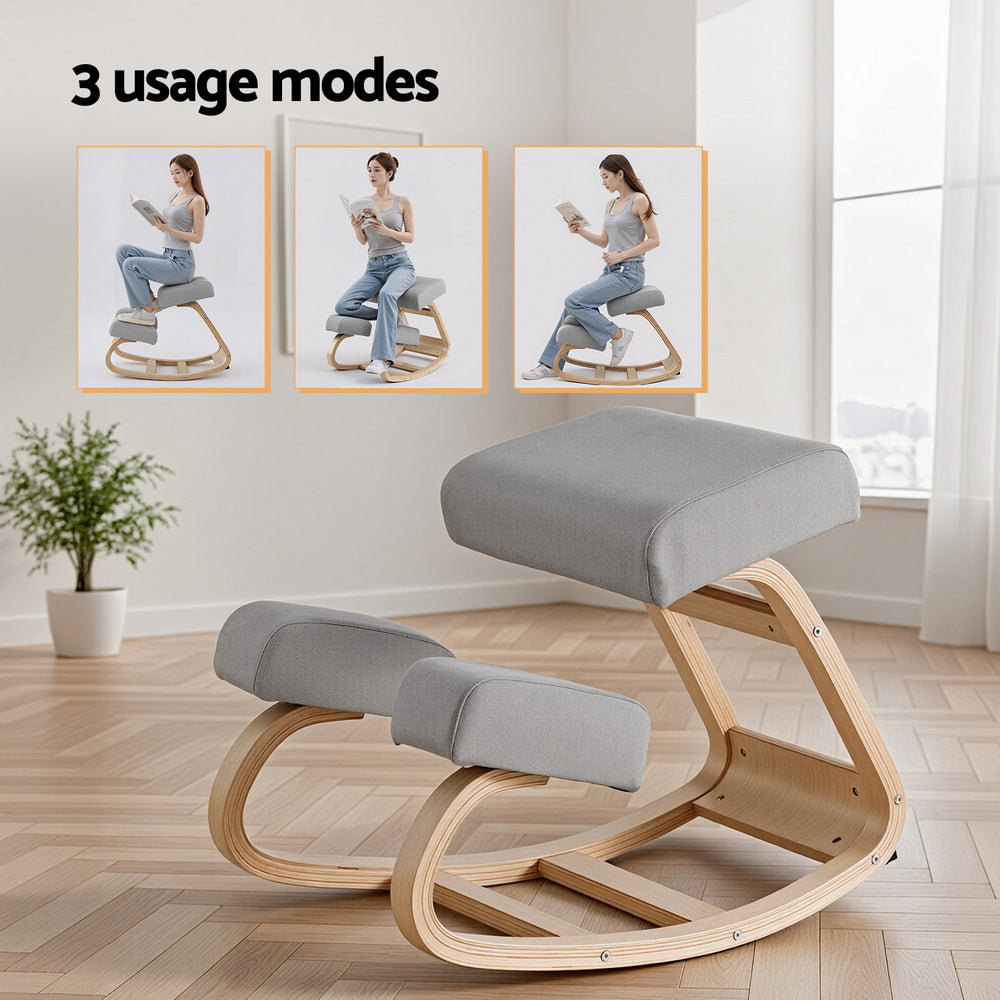 Grey kneeling rocker chair 3 usage modes infographic with three photos showing different sitting positions in room