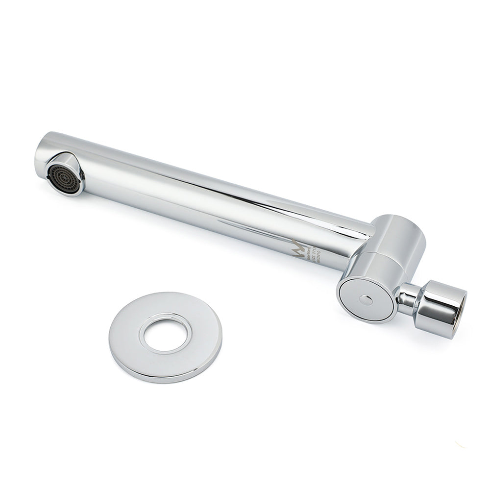 Chrome faucet components separated showing spout body and mounting assembly