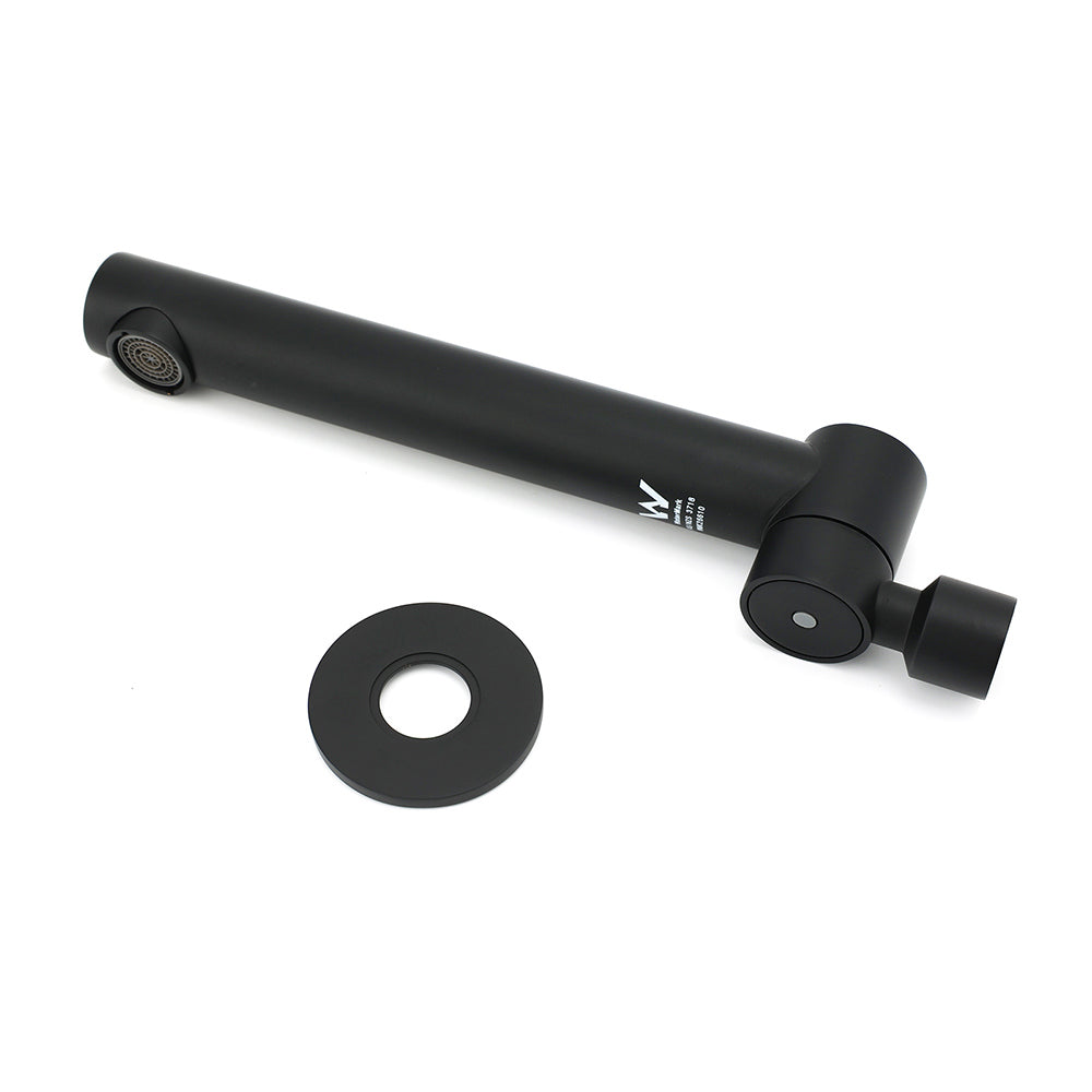 Matte black faucet components separated showing spout body and mounting assembly
