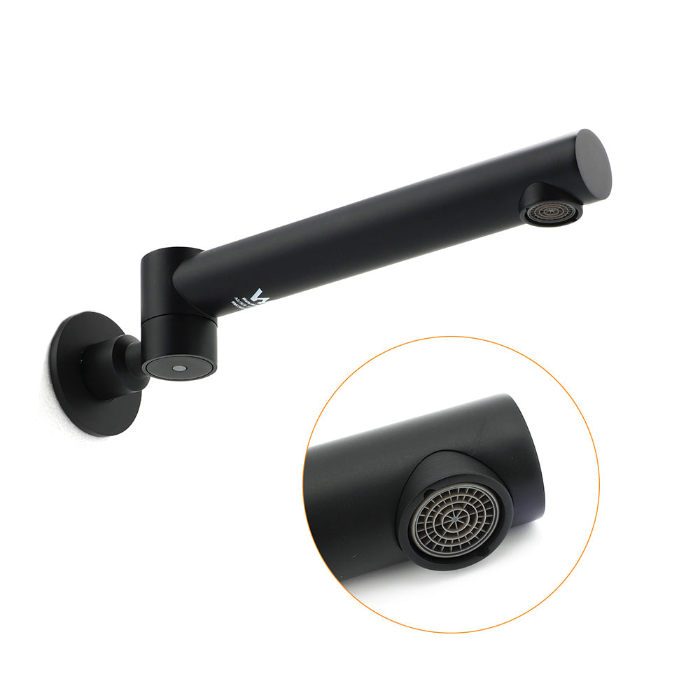 Matte black basin faucet with aerator detail showing water output screen close-up