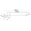 Technical dimension diagram 250mm length, 210mm spout, 55mm flange measurements