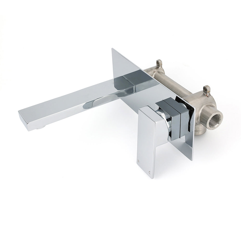 Three-dimensional view of polished chrome faucet curved spout outlet control knobs