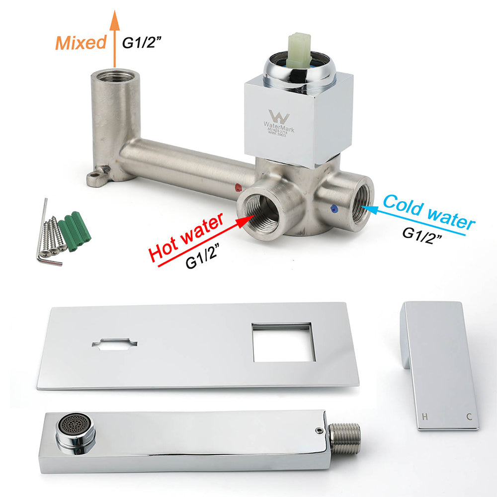 Basin mixer component diagram showing G1/2 inch water connections WaterMark certified