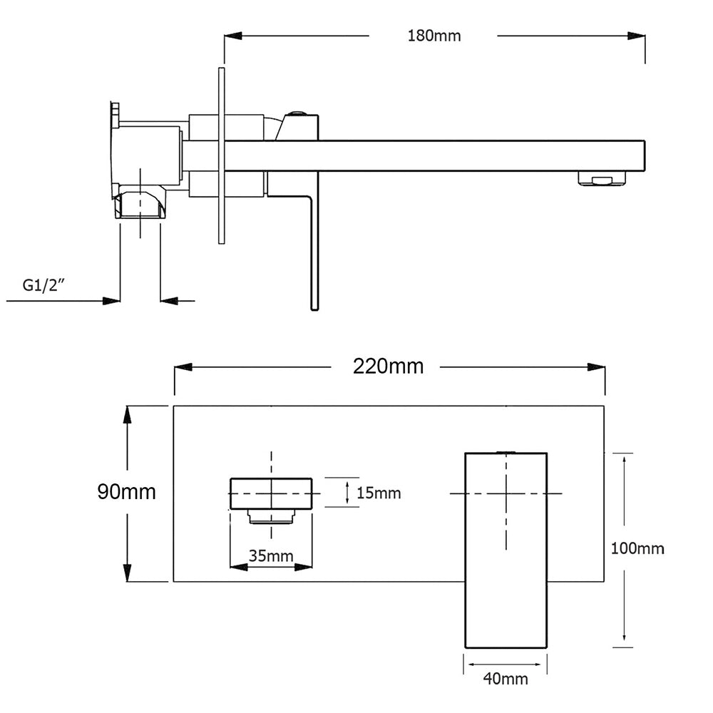 Technical diagram 180mm spout length, 220mm wall plate width dimensions