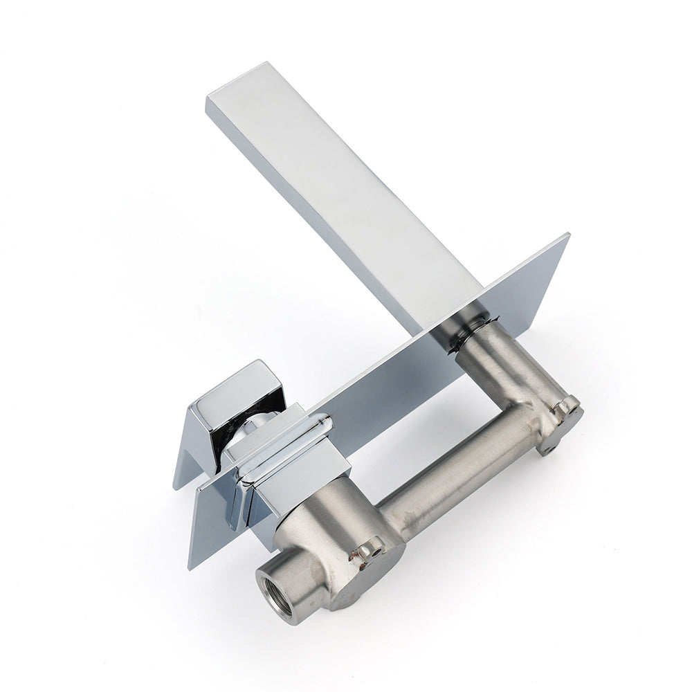 Installed polished chrome basin faucet rectangular white wall plate stainless spout