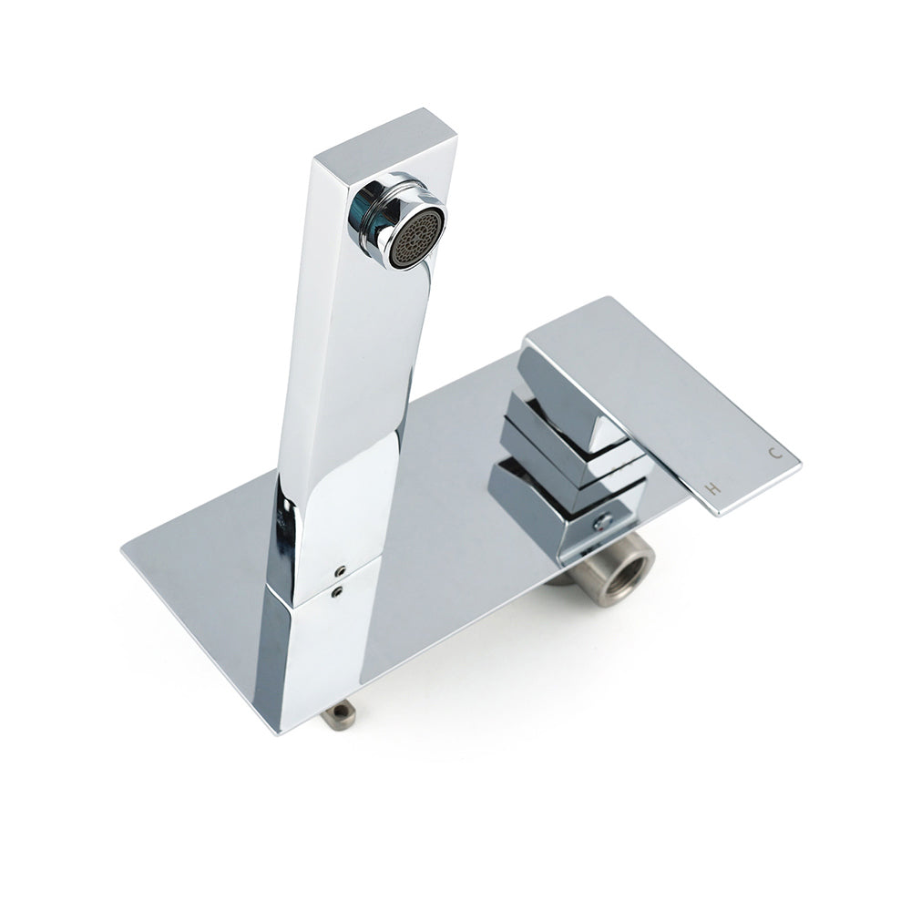Isometric view of polished chrome wall-mounted faucet long rectangular spout controls