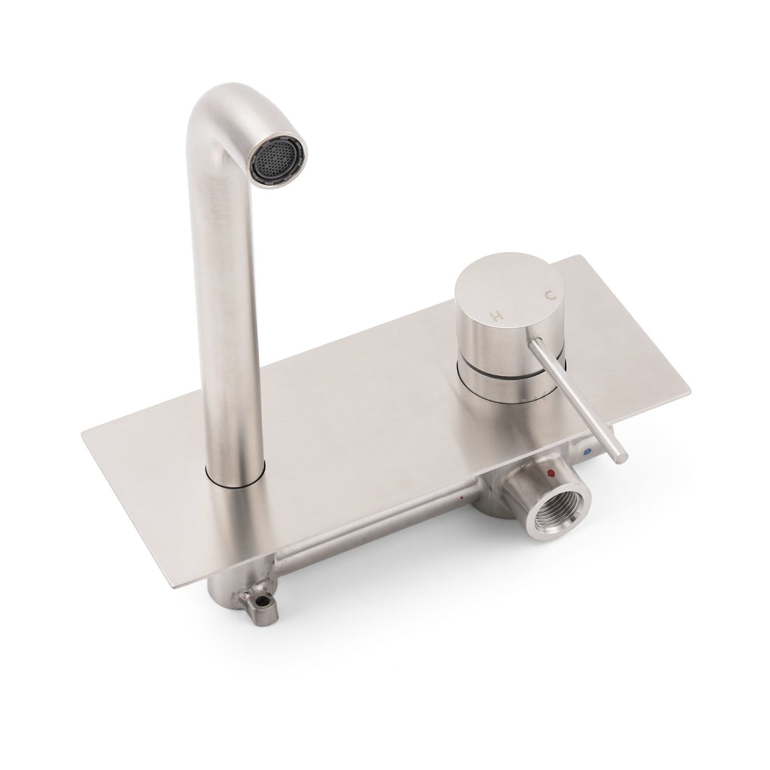 Brushed nickel wall-mounted basin faucet with curved spout and control lever