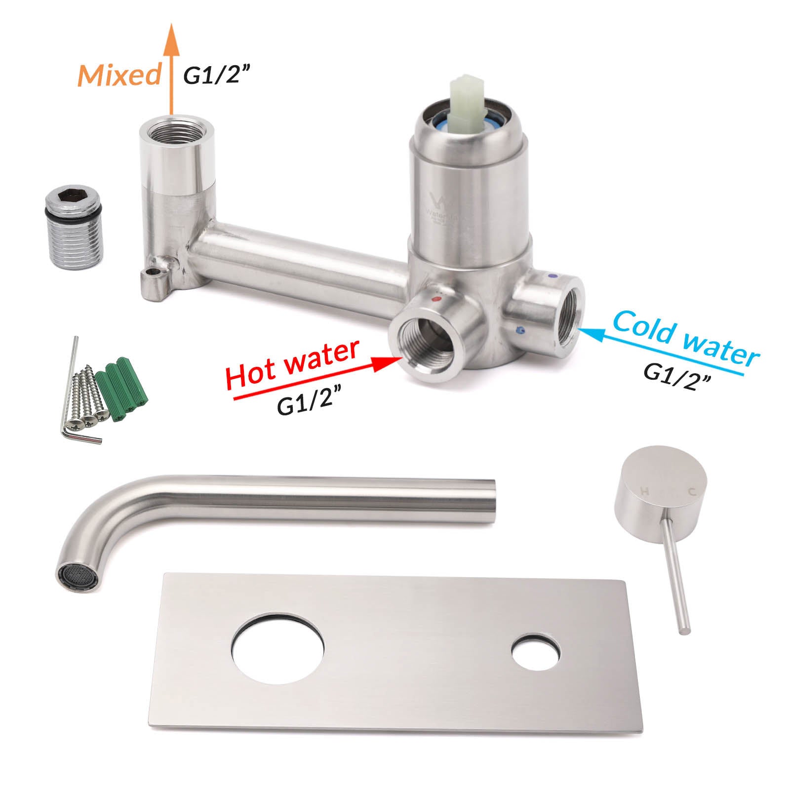 Basin mixer component diagram showing G1/2 inch hot and cold water connections