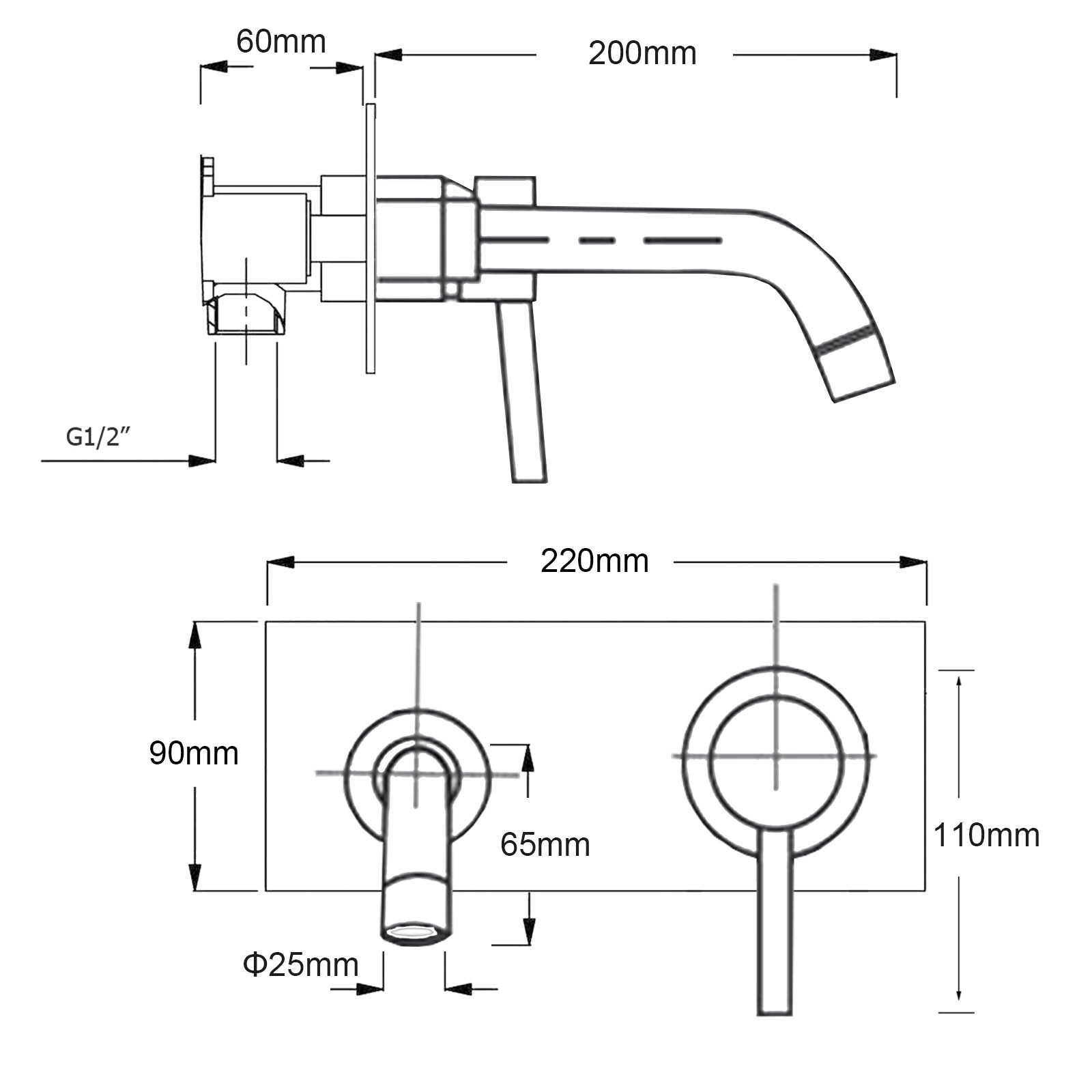 Technical diagram 200mm spout projection, 220mm wall plate width dimensions