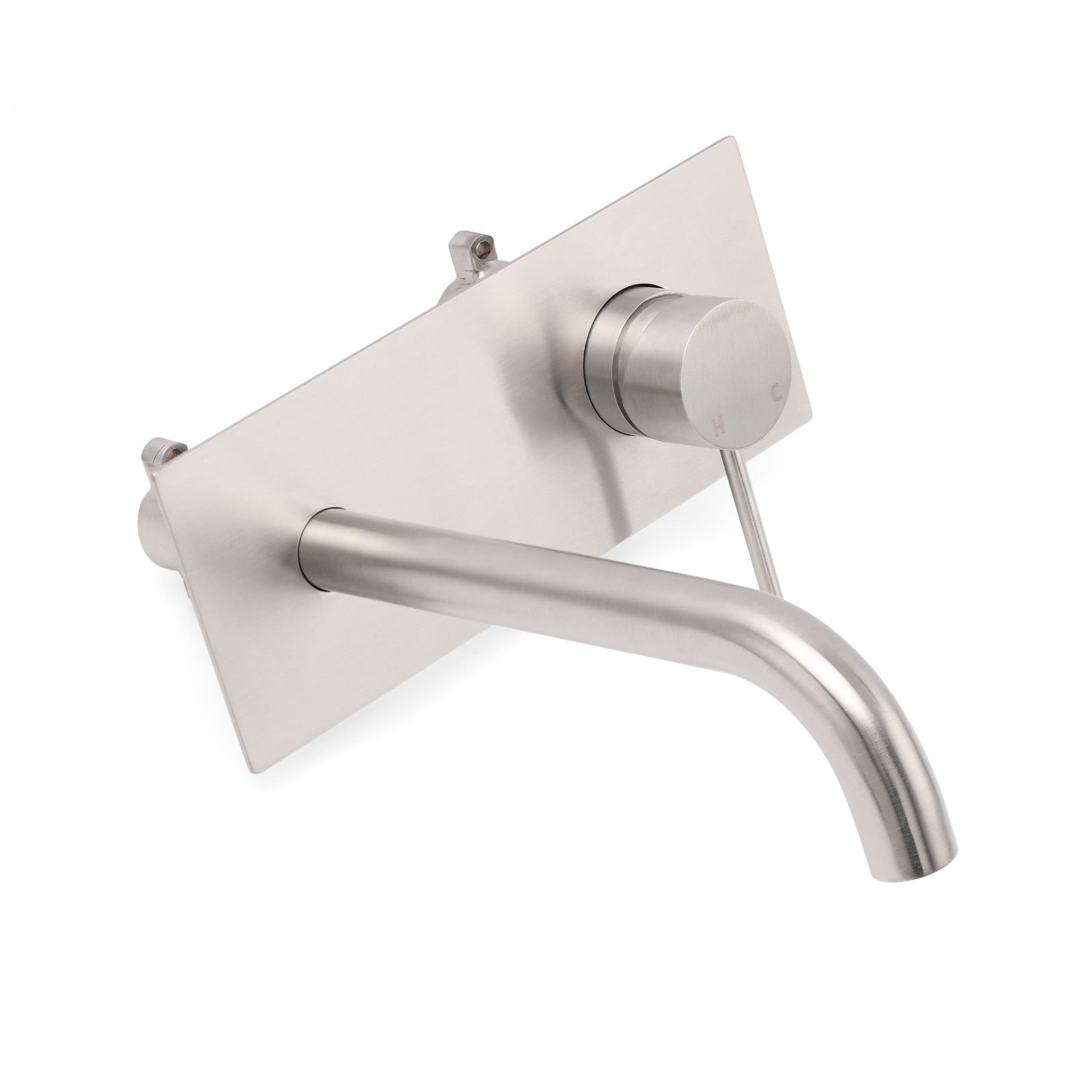 Wall-mounted brushed nickel basin faucet with curved spout and dual control knobs