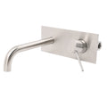 Side-view of brushed nickel wall-mounted basin faucet curved spout and lever