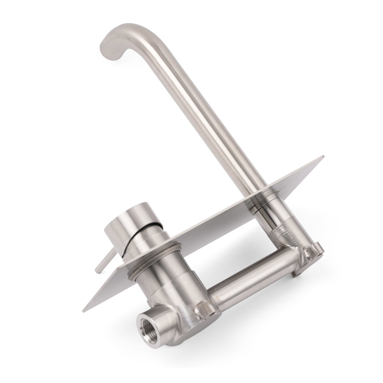 Curved brushed nickel spout with control dial close-up detail on steel body