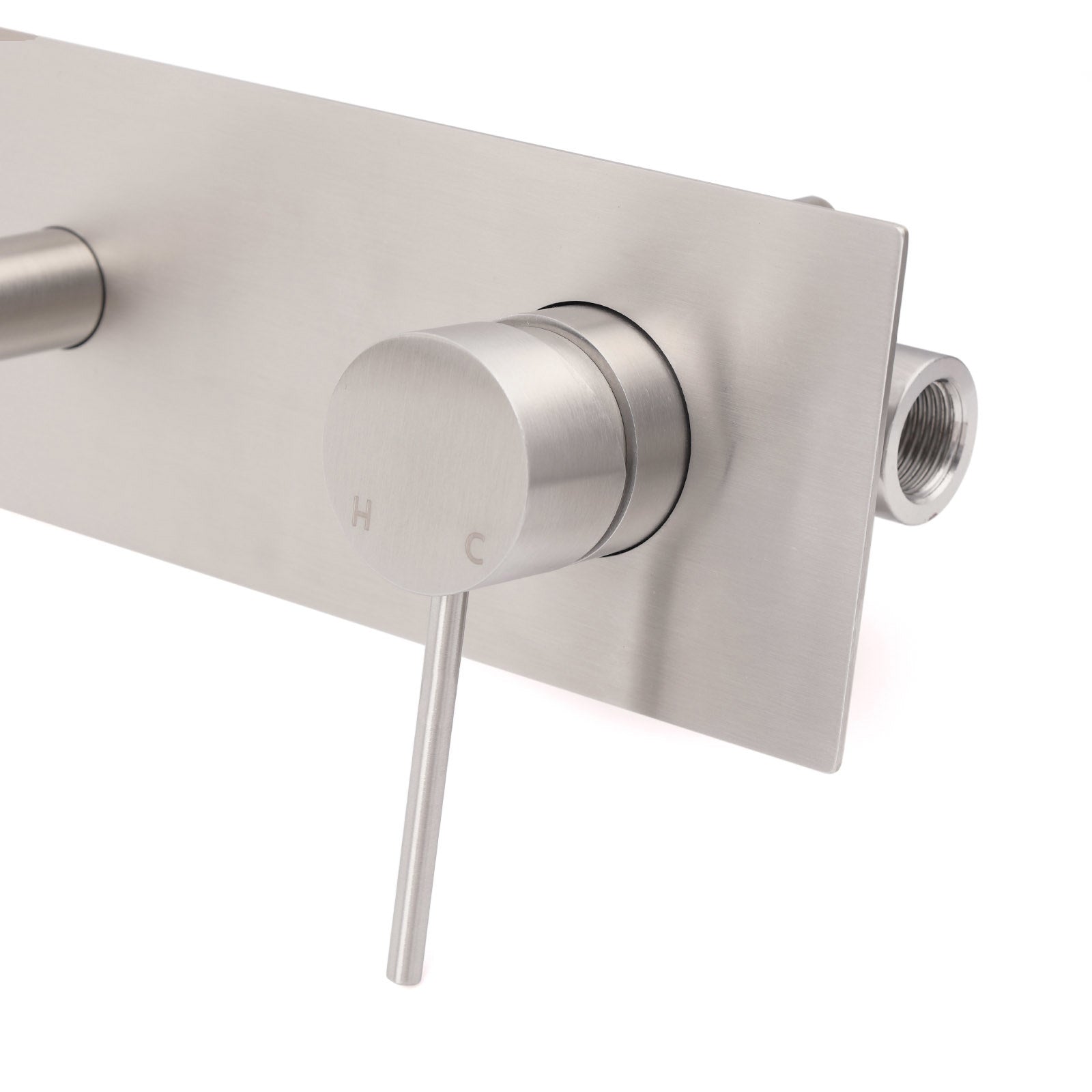 Brushed nickel flat valve body with H and C temperature markings visible