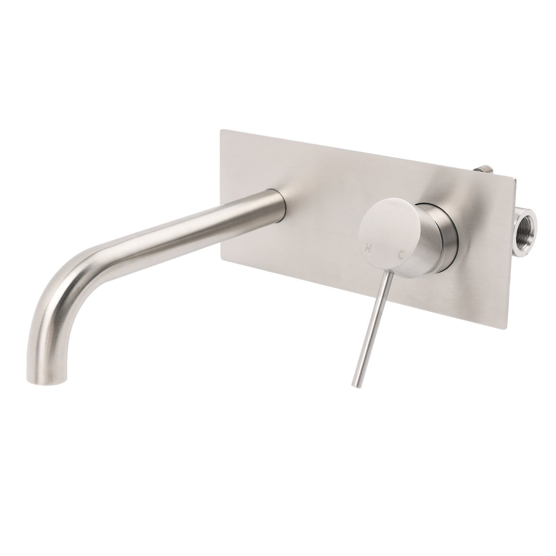Brushed nickel wall-mounted basin faucet with curved spout and control lever