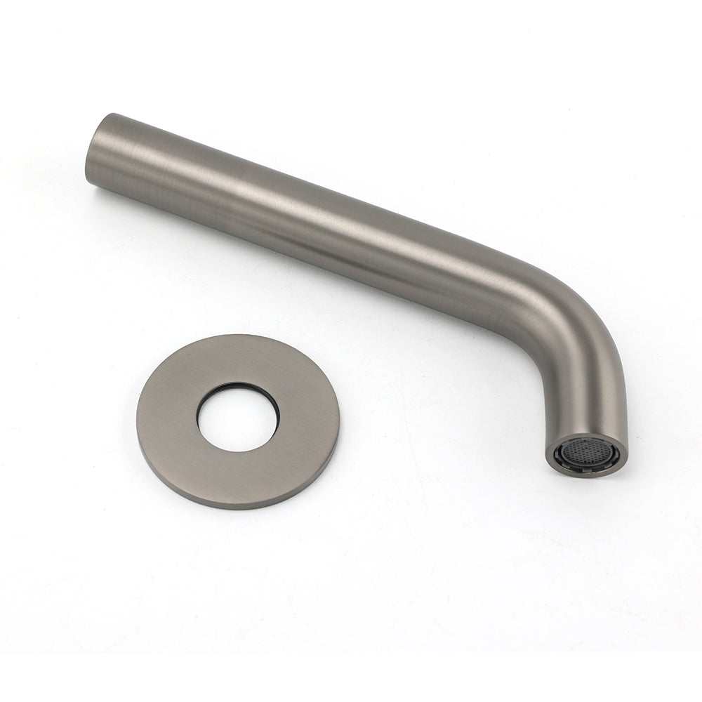 Gun metal spout and circular wall-mount rosette flange shown together in assembled position