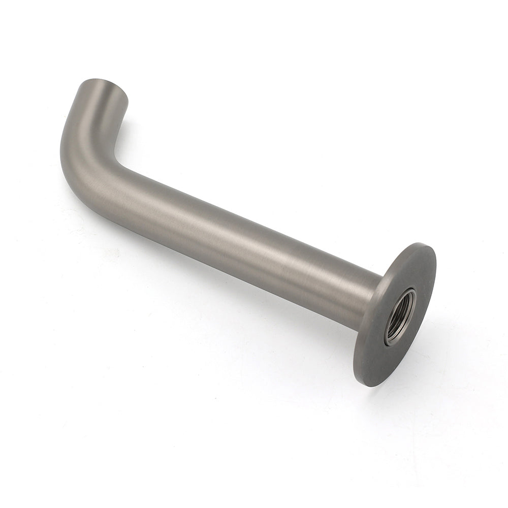 Gun metal spout barrel and circular wall-mount rosette flange displayed separately