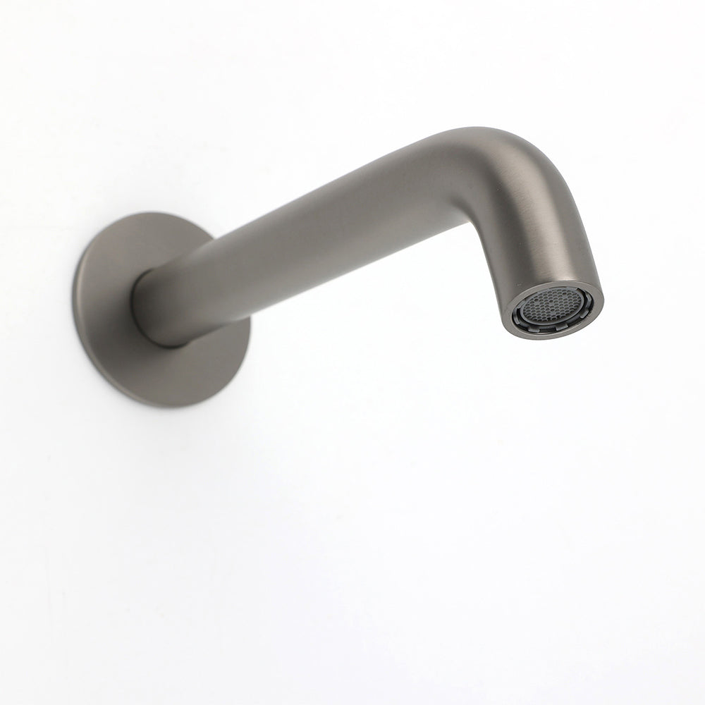 Gun metal spout with visible bubble aerator mesh screen in close-up detail on white