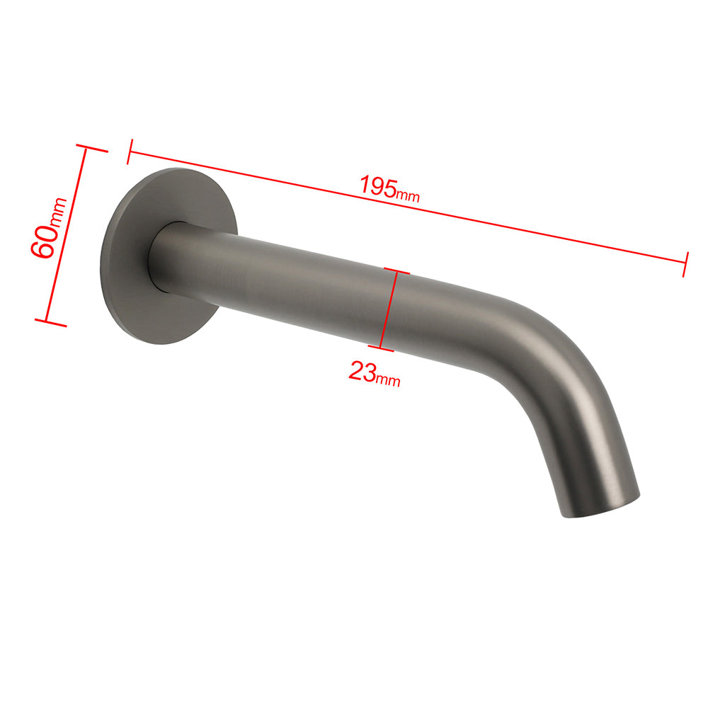 Gun metal spout dimension diagram showing 60mm wall height, 195mm length, 23mm bore