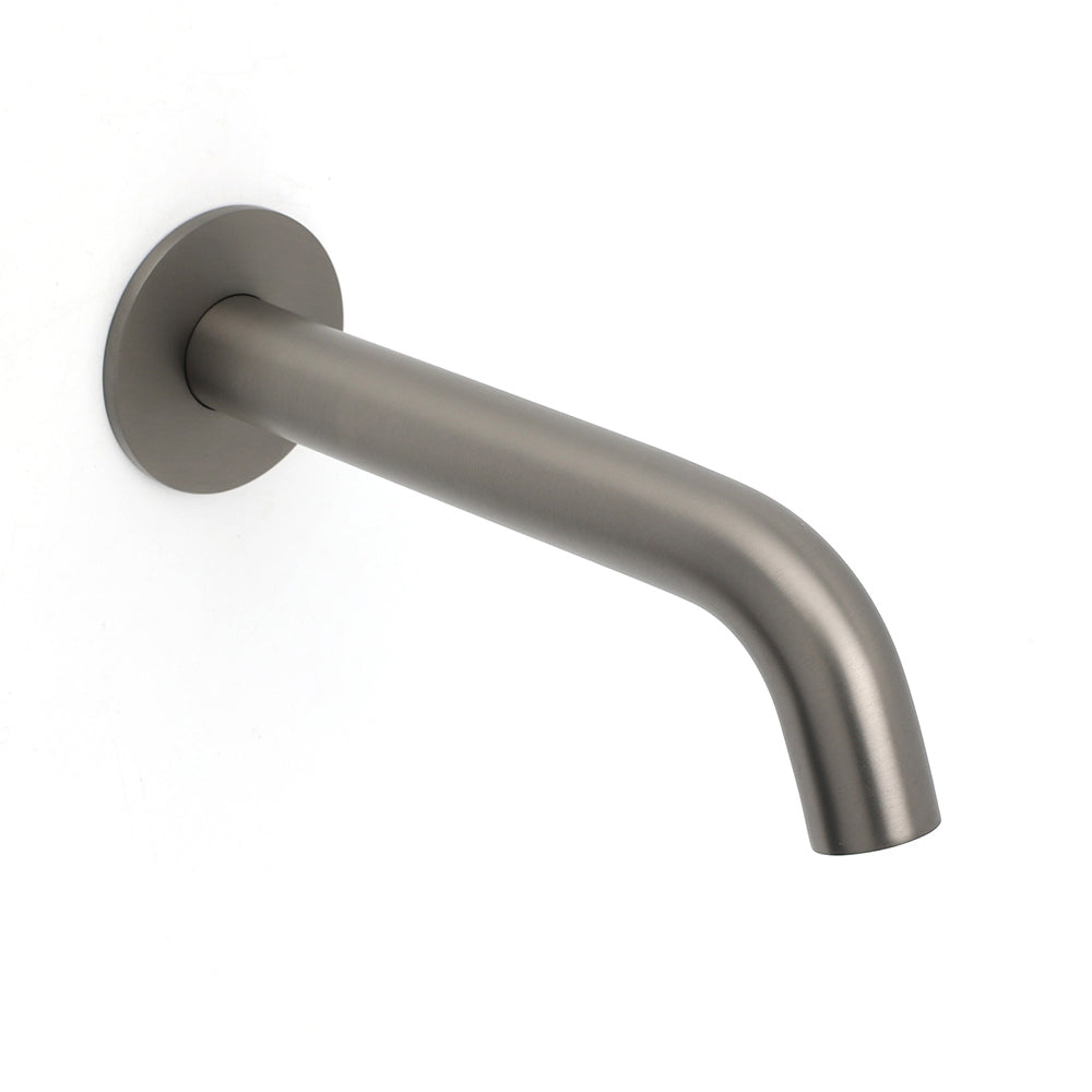 Gun metal spout extended horizontally with curved bubble outlet on white background