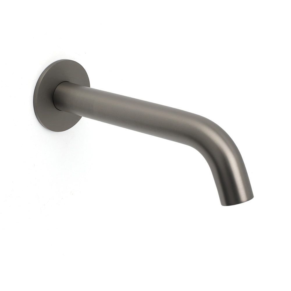 Gun metal wall-mounted bath spout angled downward with curved bubble outlet on white
