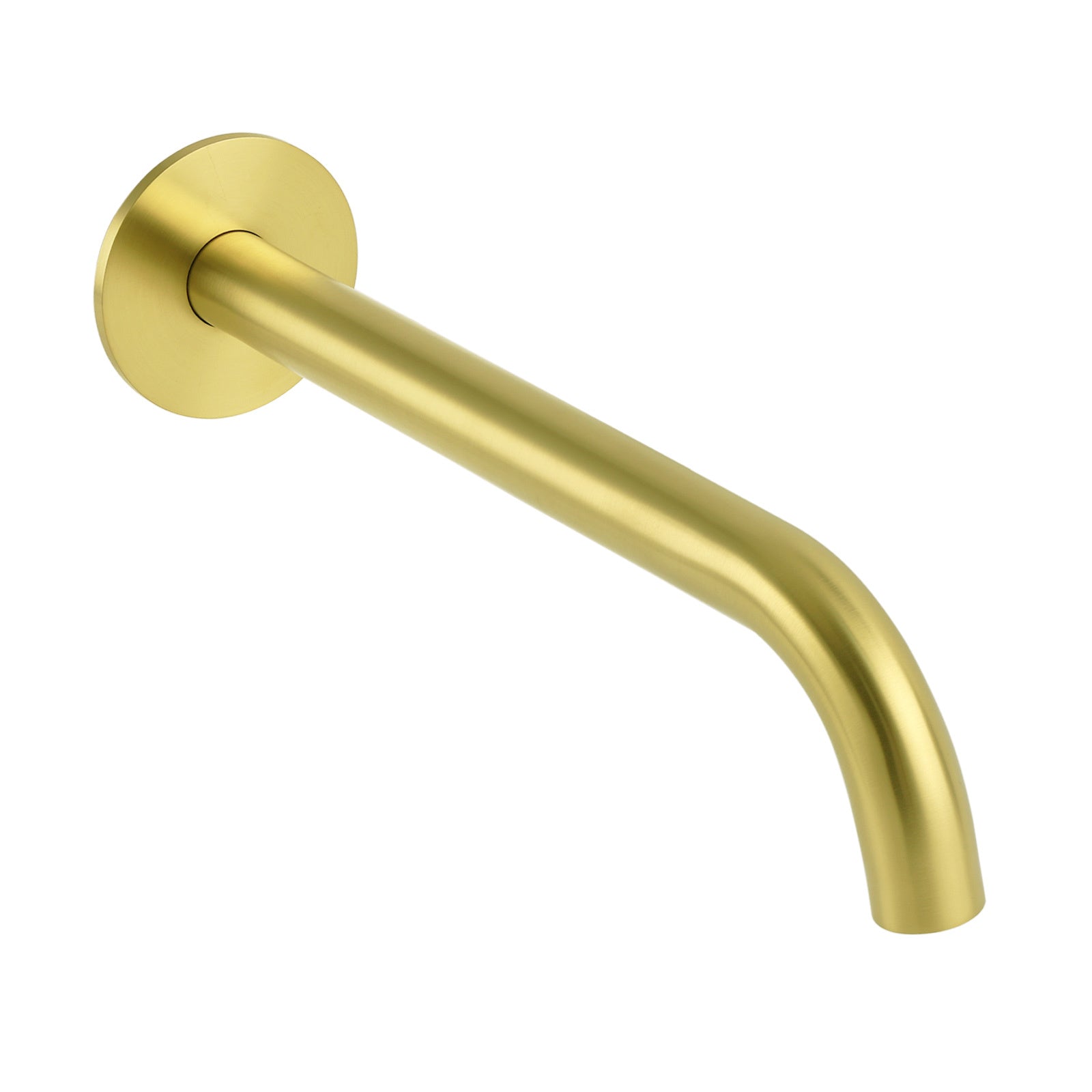 Angled view of brushed gold curved bath spout with mounting plate