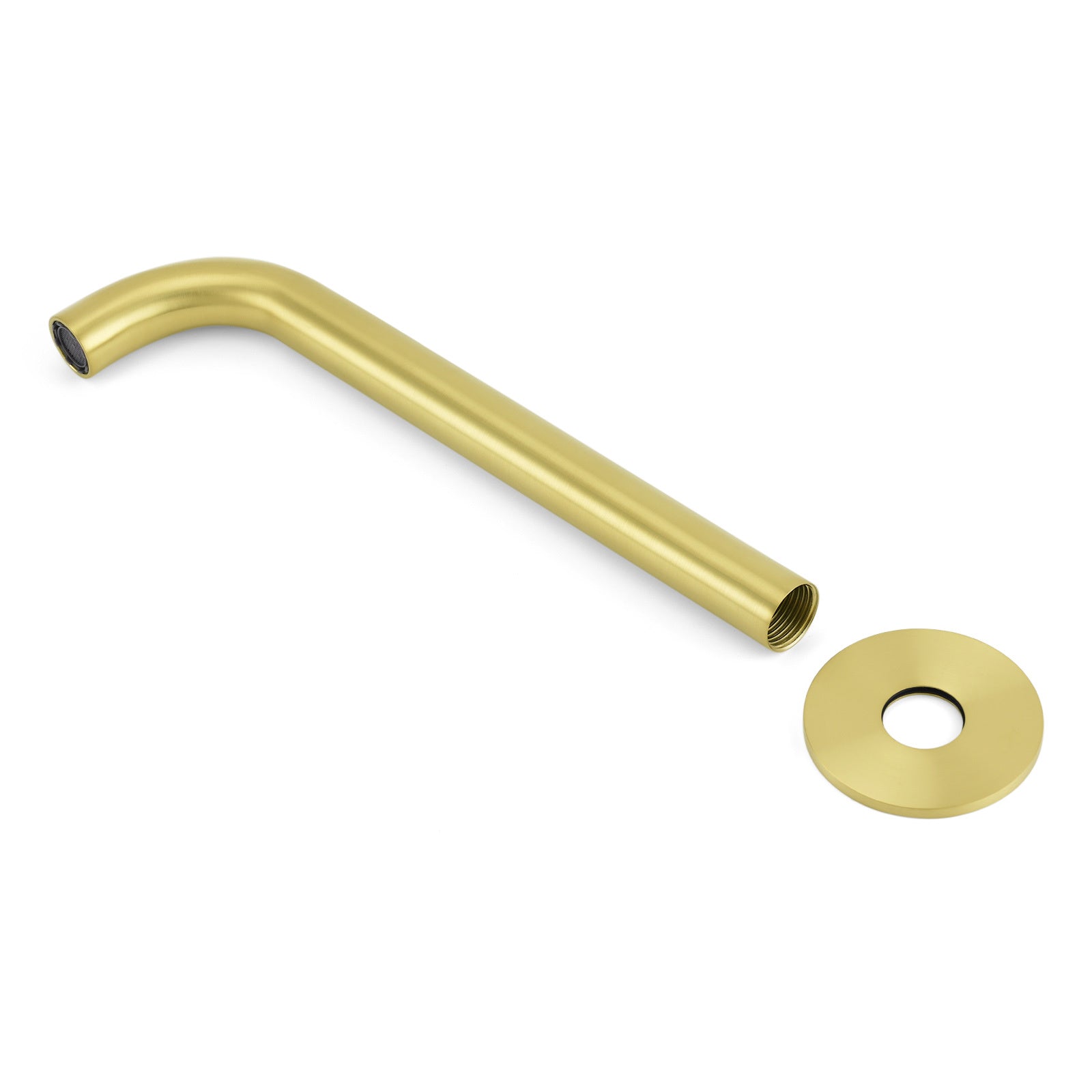 Brushed gold spout components separated showing outlet tube and flanged base