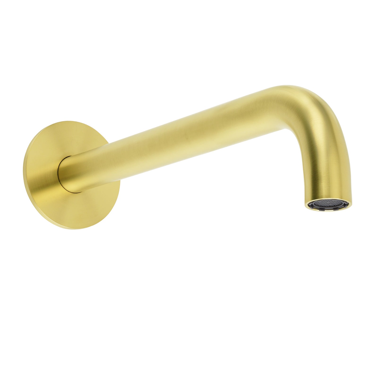 Curved brushed gold spout with square outlet and aerator detail from angle