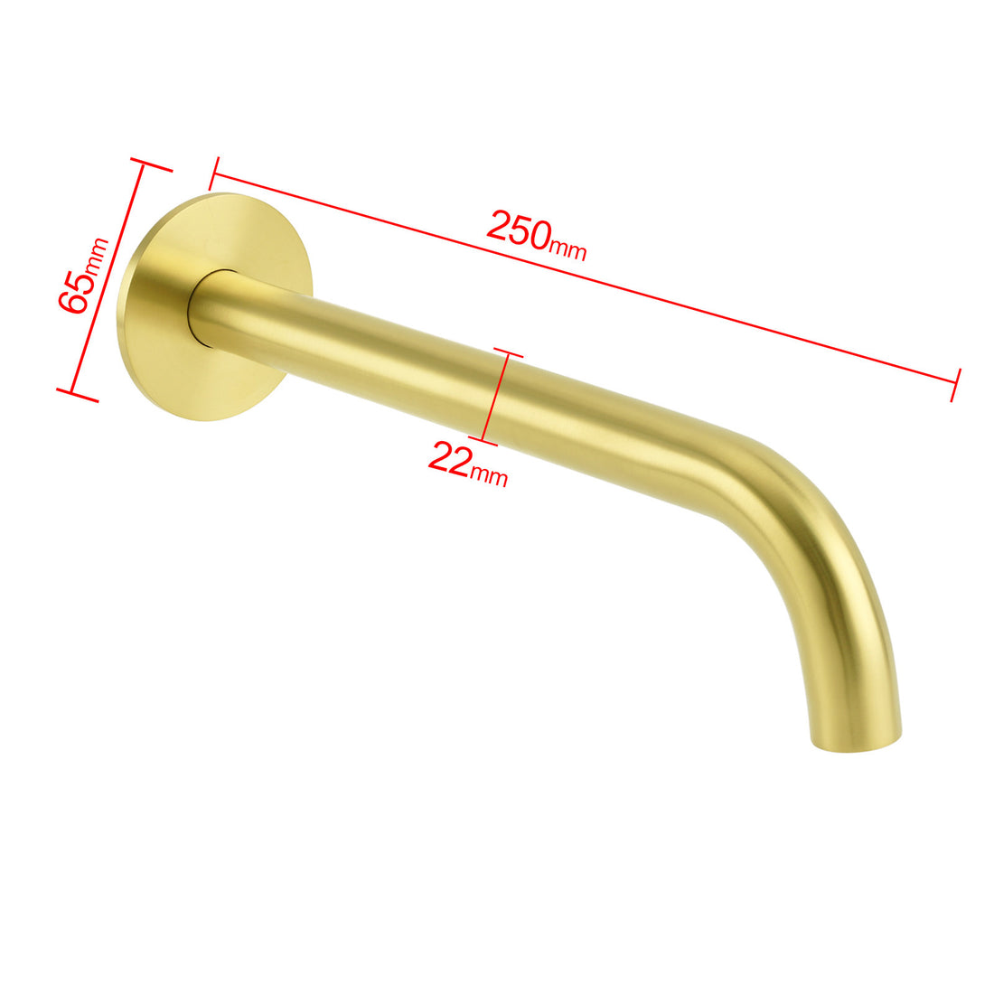 Brushed gold wall-mounted bath spout with curved outlet on white background