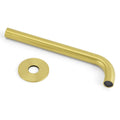 Side view of brushed gold curved bath spout with aerator and hardware visible