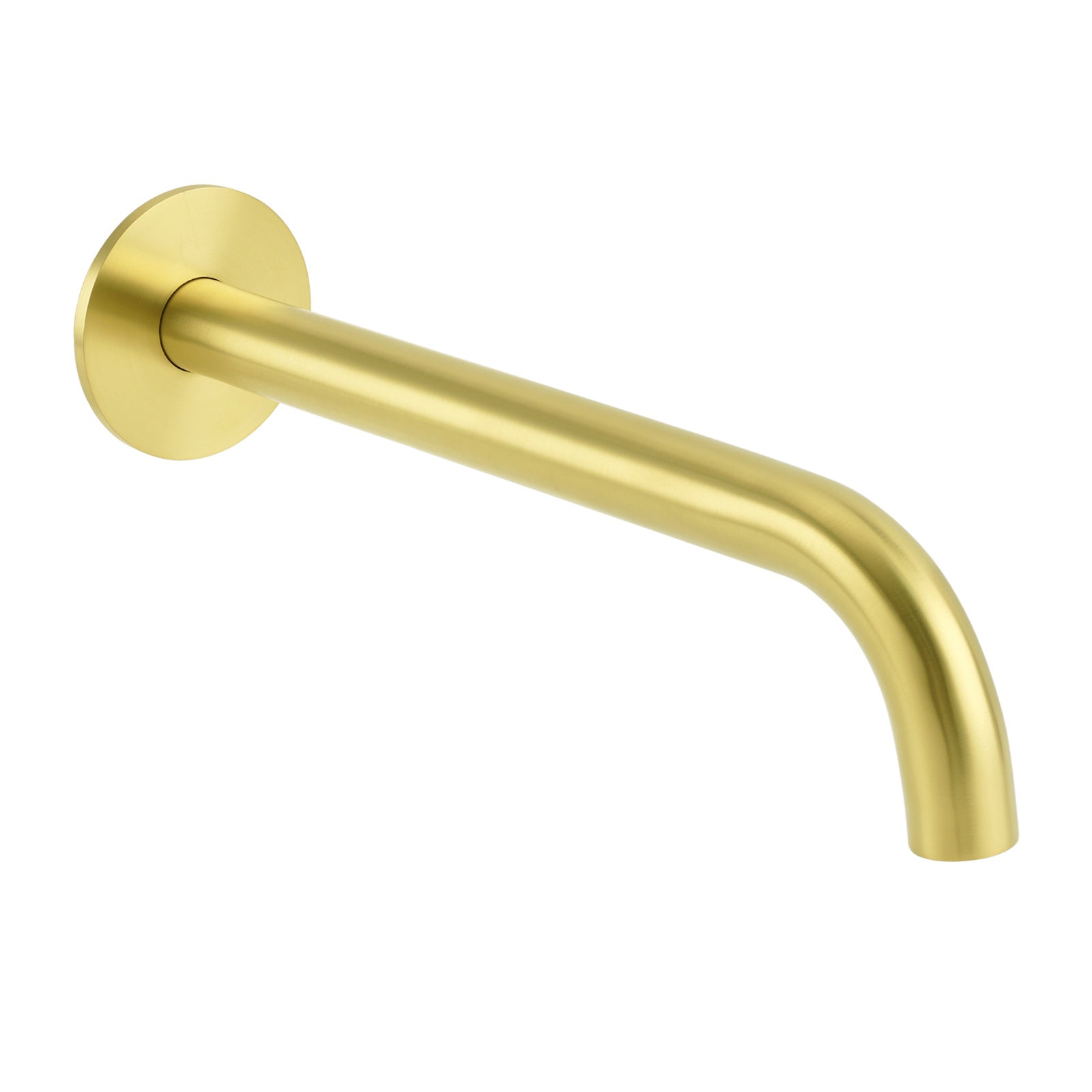 Brushed gold wall-mounted bath spout with curved outlet on white background
