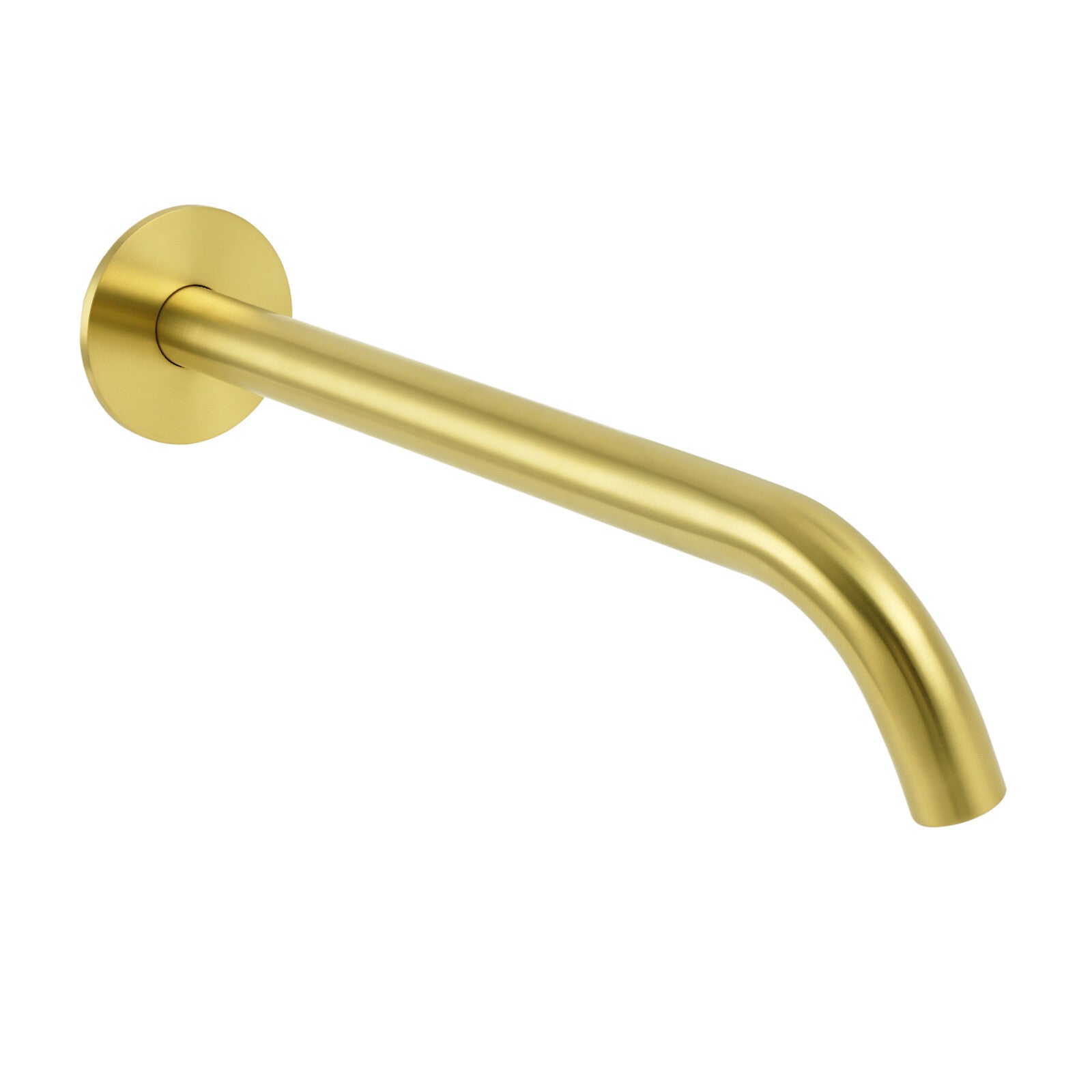 Angled view of brushed gold rectangular outlet tub filler with mounting plate