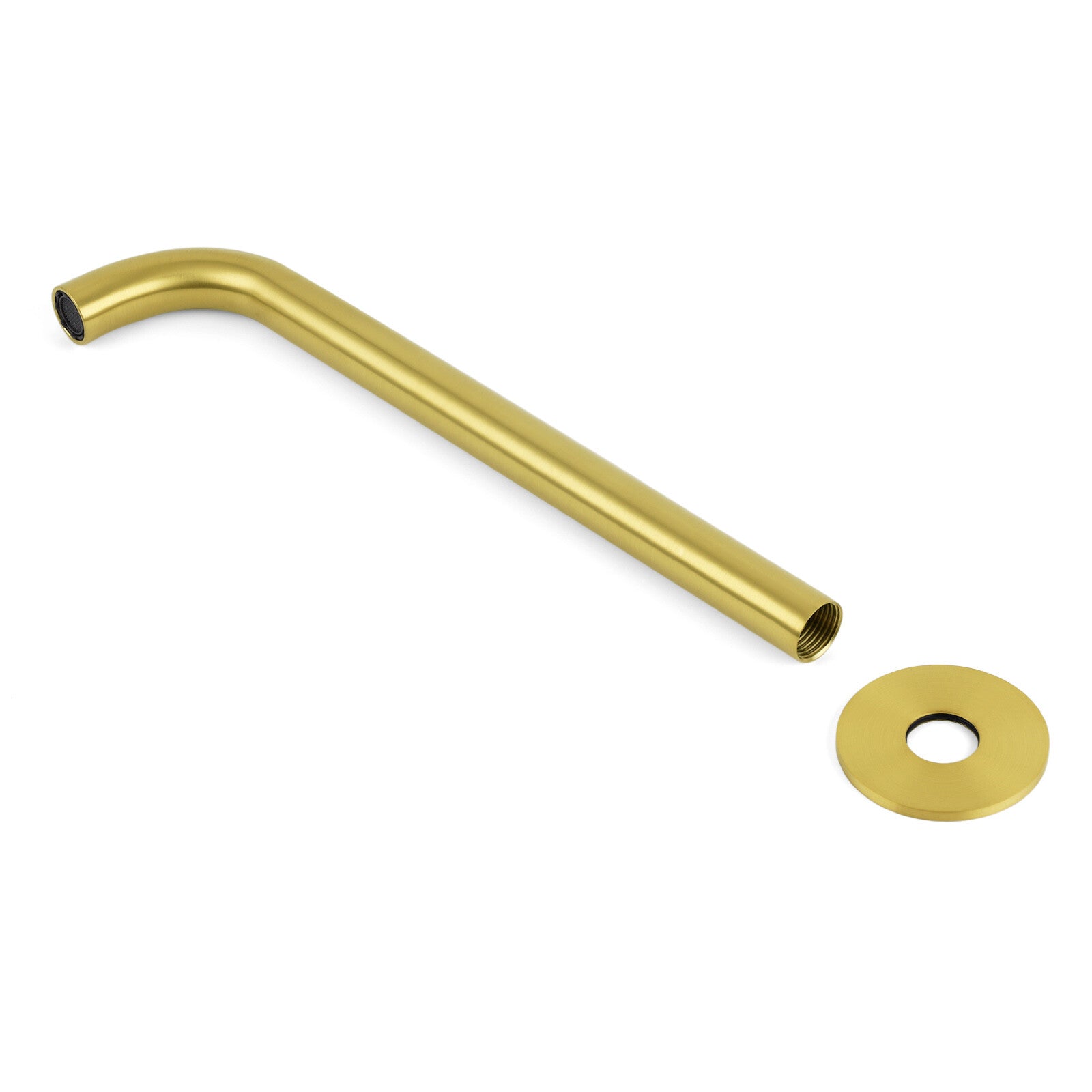 Brushed gold filler components breakdown showing outlet tube and circular flange