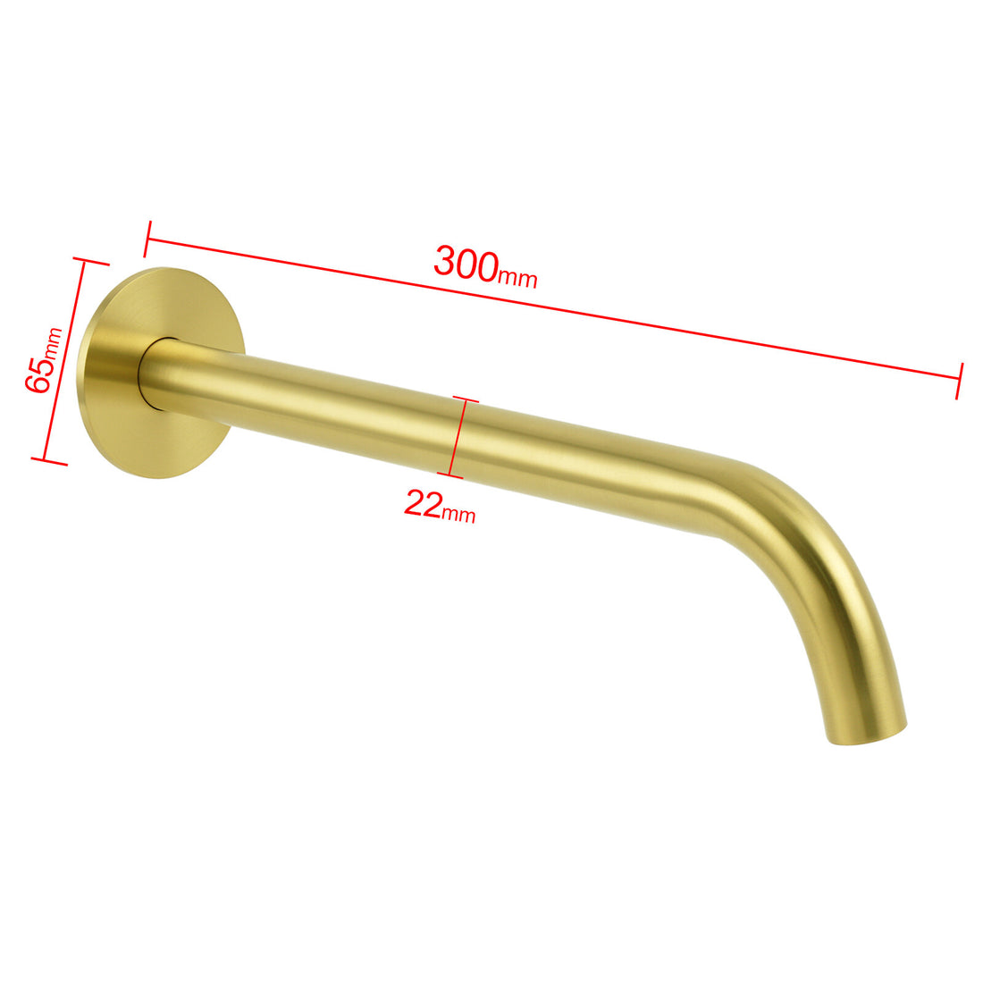 Brushed gold wall-mounted bath tub filler with large rectangular outlet on white