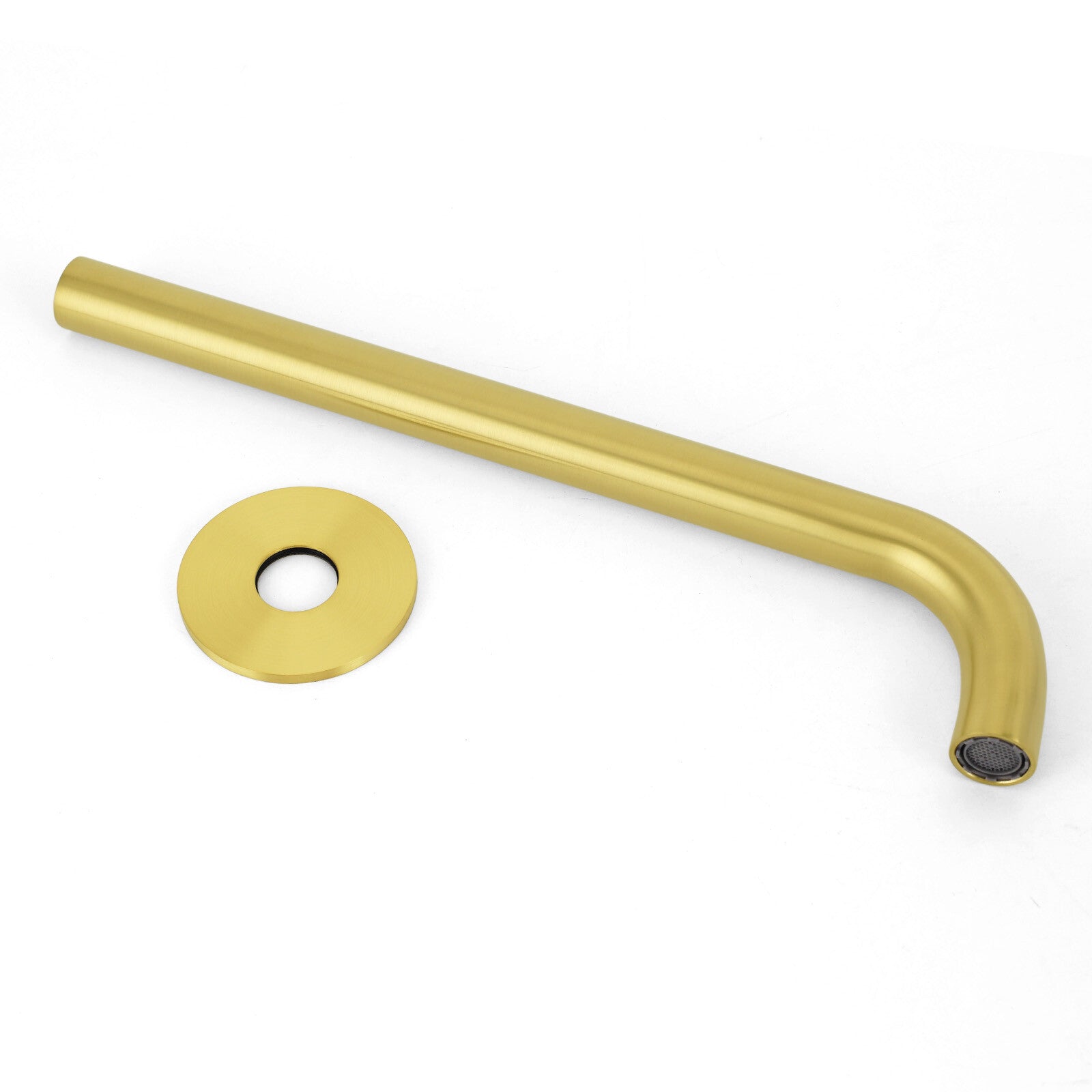 Installed view of brushed gold tub filler with rectangular water outlet visible