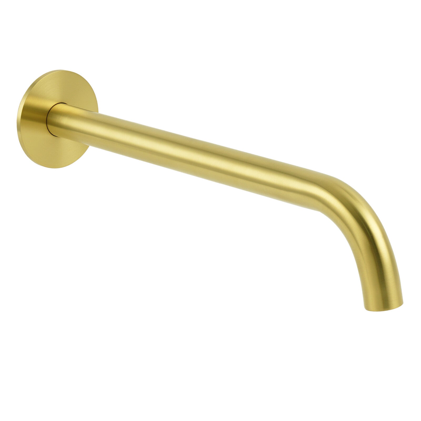 Brushed gold wall-mounted bath tub filler with large rectangular outlet on white