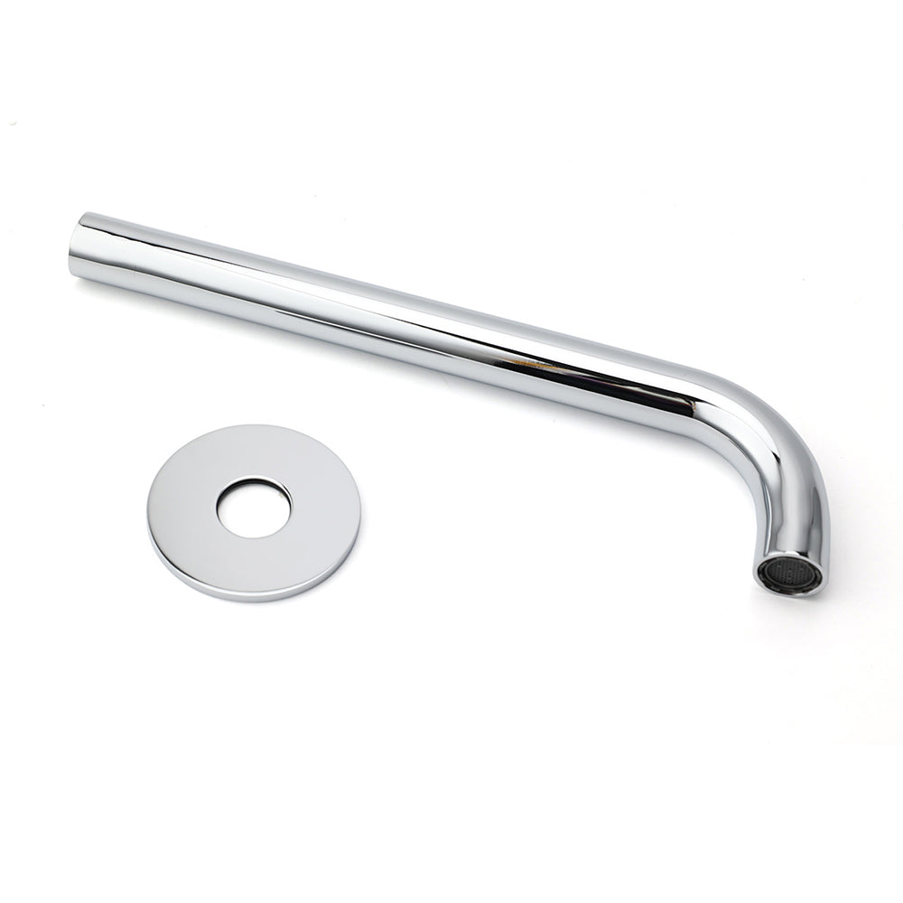 Chrome spout and circular rosette flange shown together with bubble aerator visible