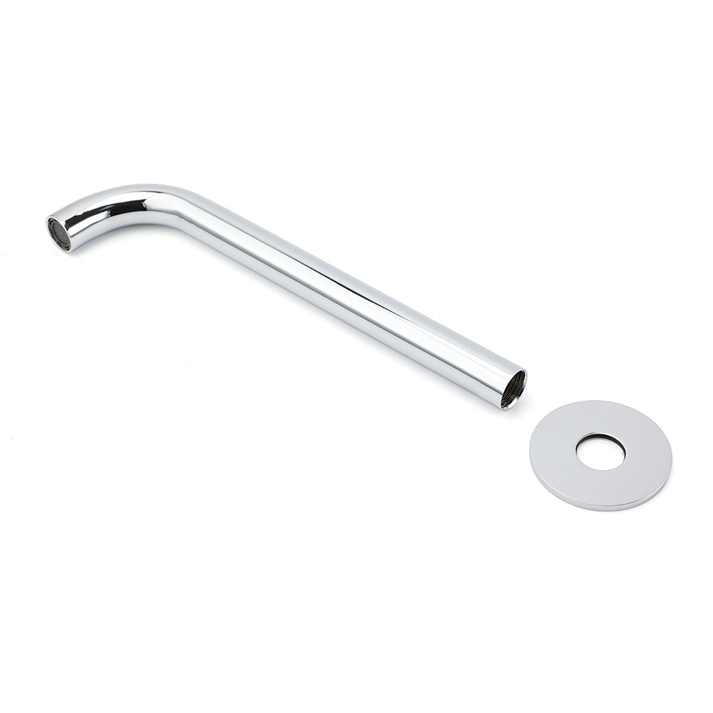Chrome spout barrel separated from circular wall-mount rosette flange on white