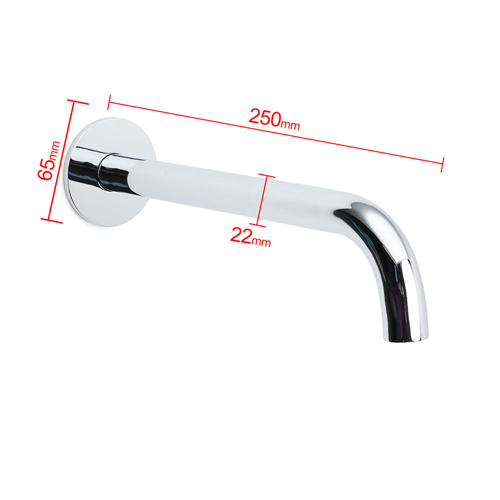 Polished chrome bath tub spout wall-mounted angled downward on white background