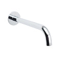 Polished chrome bath spout extended horizontally with curved outlet on white