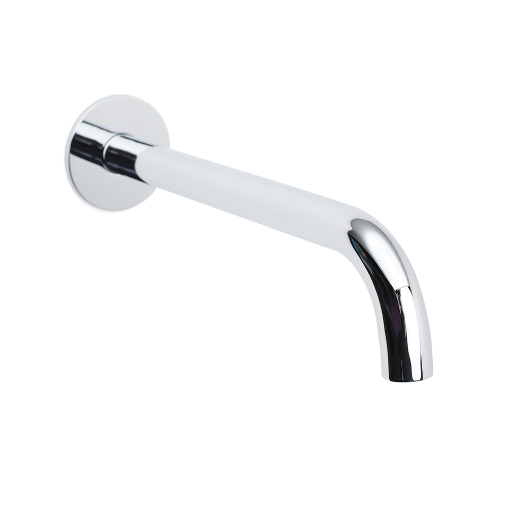 Polished chrome bath spout extended horizontally with curved outlet on white