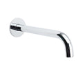 Polished chrome bath tub spout wall-mounted angled downward on white background