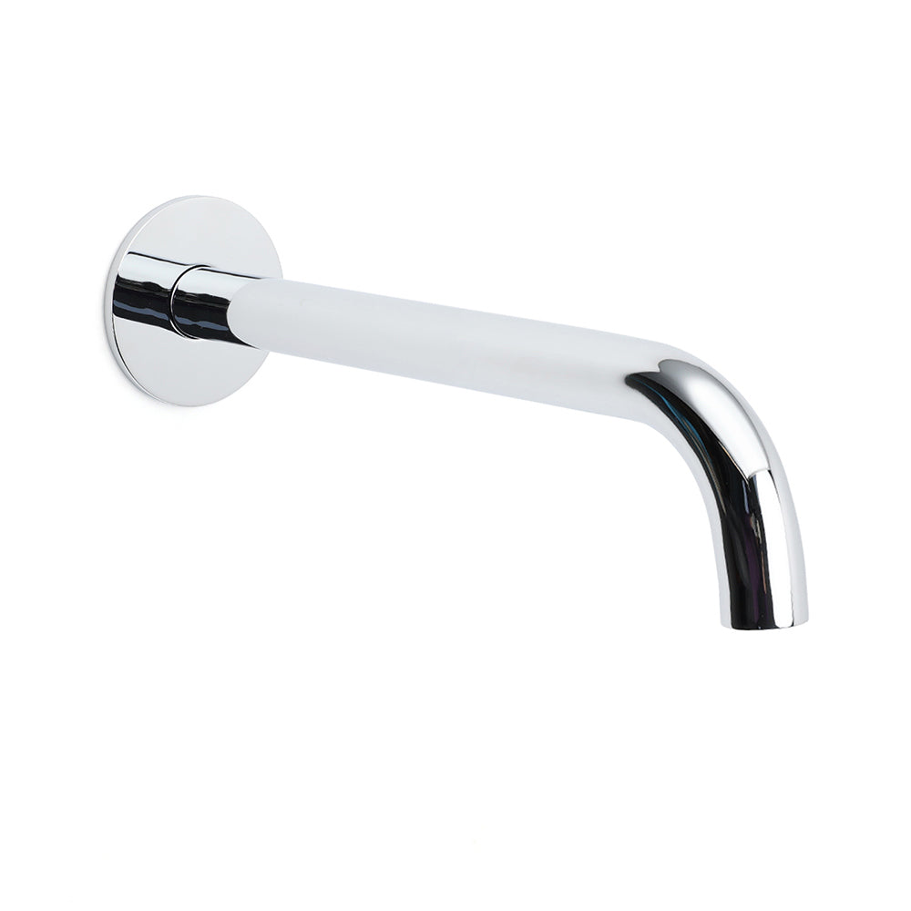 Polished chrome bath tub spout wall-mounted angled downward on white background