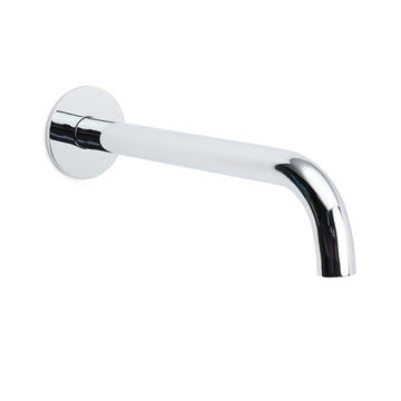 Polished chrome bath tub spout wall-mounted angled downward on white background