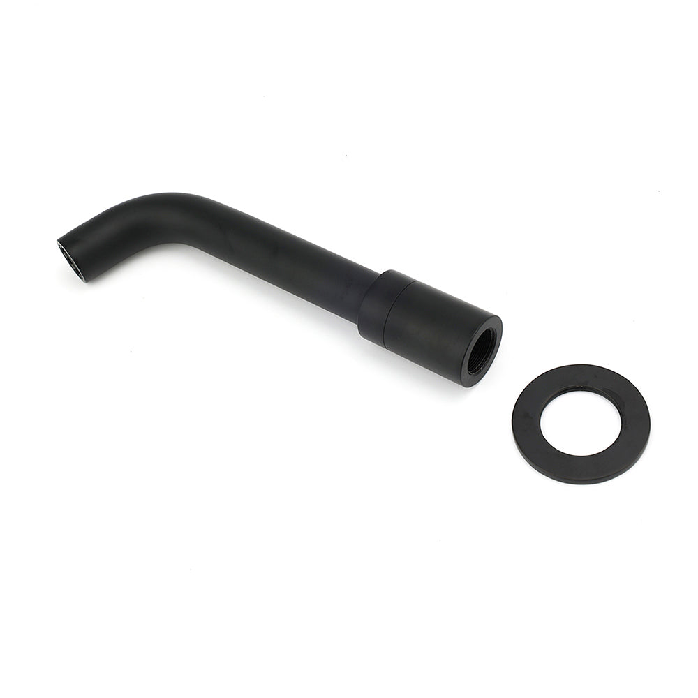 Matt black spout barrel and circular wall-mount rosette flange displayed separately